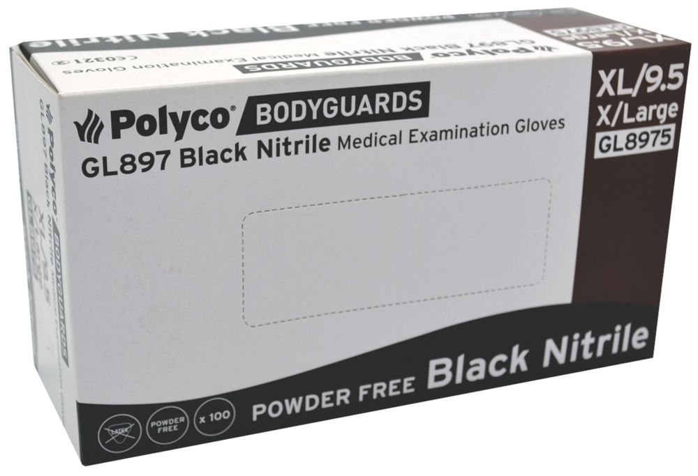 Polyco Bodyguards GL897 Nitrile Powder-Free Disposable Gloves Black X Large 90 Pack