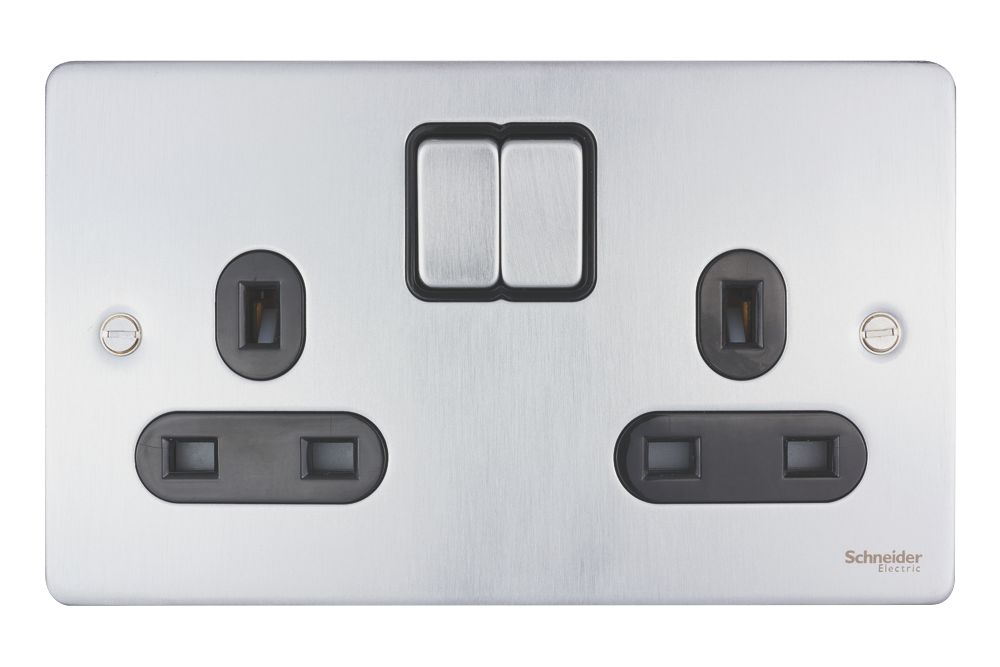 Schneider Electric Ultimate Low Profile 13A 2-Gang SP Switched Plug Socket Brushed Chrome with Black Inserts