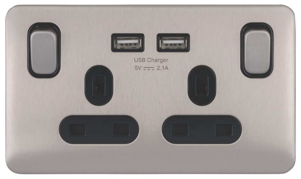 Schneider Electric Lisse Deco 13A 2-Gang SP Switched Socket + 2.1A 2-Outlet USB Charger Brushed Stainless Steel with Black Inserts