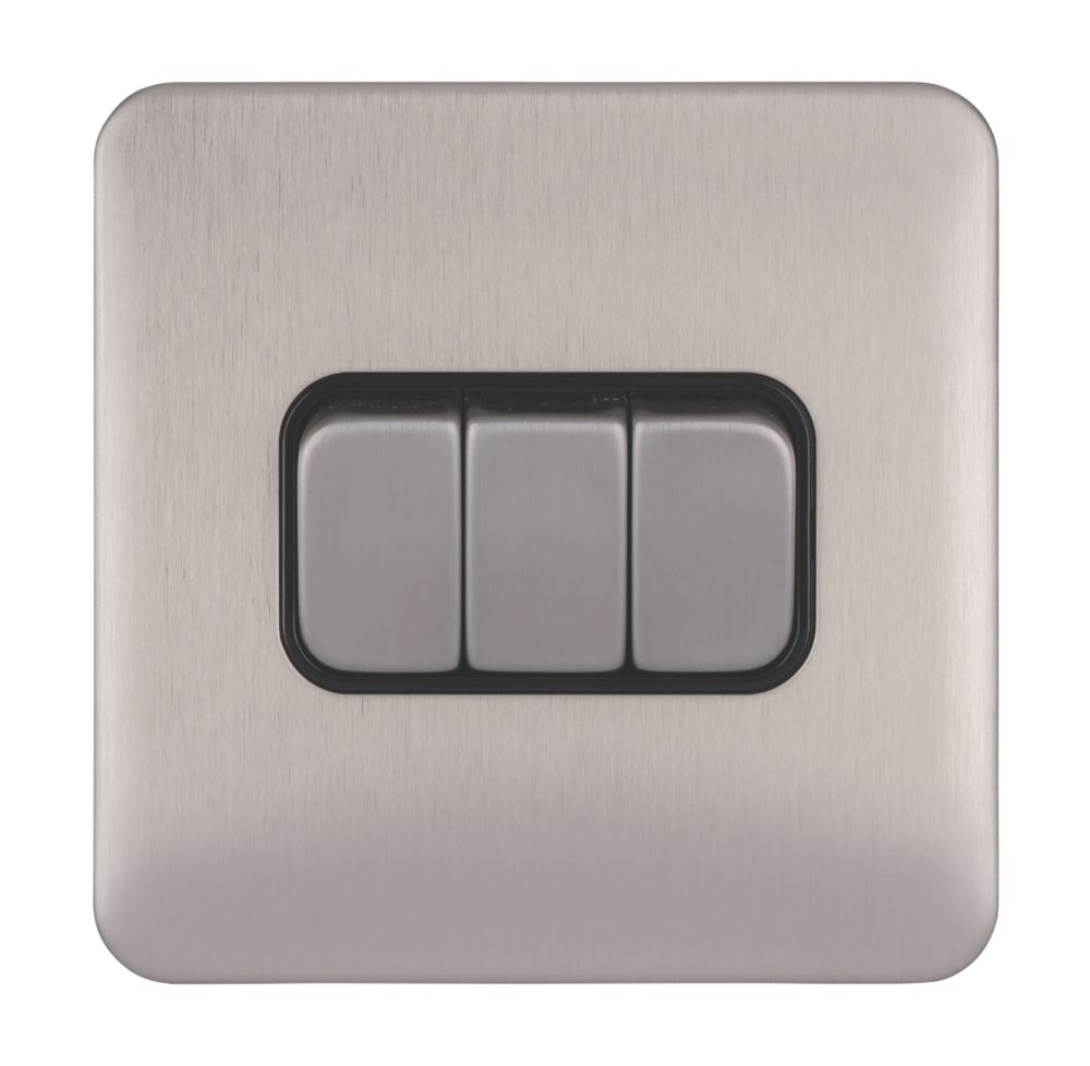 Schneider Electric Lisse Deco 10AX 3-Gang 2-Way Light Switch Brushed Stainless Steel with Black Inserts