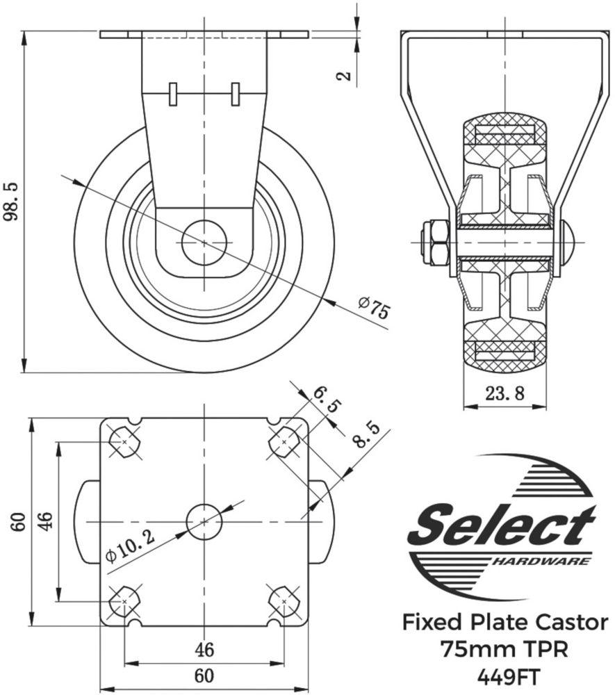 Select TPR Fixed Castor 75mm