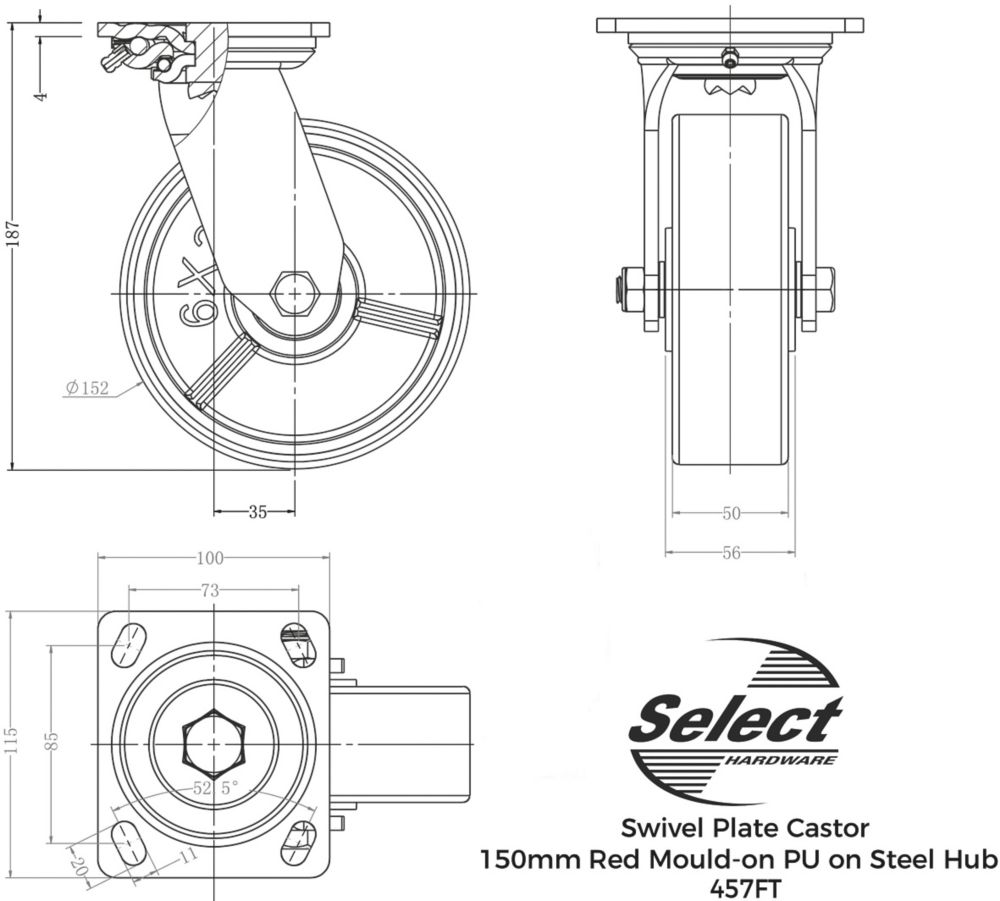 Select Heavy Duty Polypropylene Swivel Castor 150mm