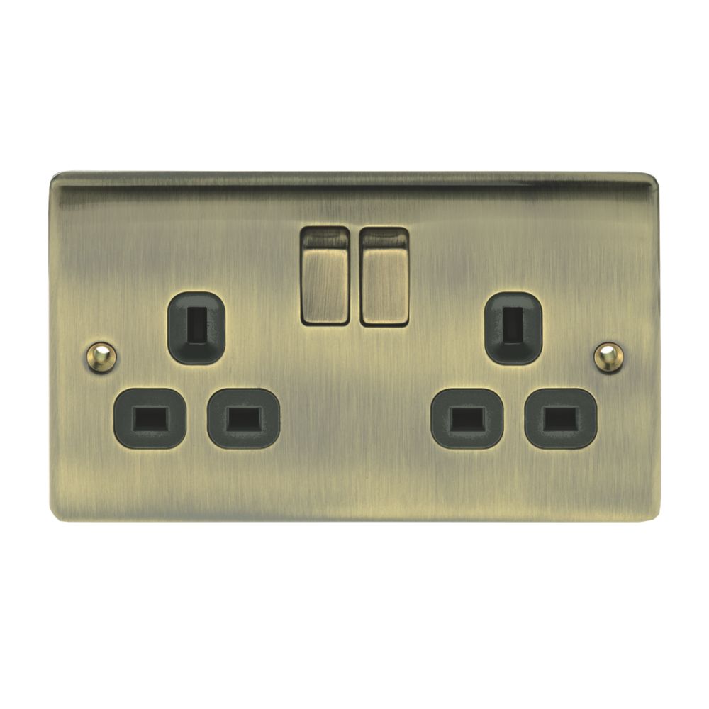 British General Nexus Metal 13A 2-Gang DP Switched Plug Socket Antique Brass with Black Inserts