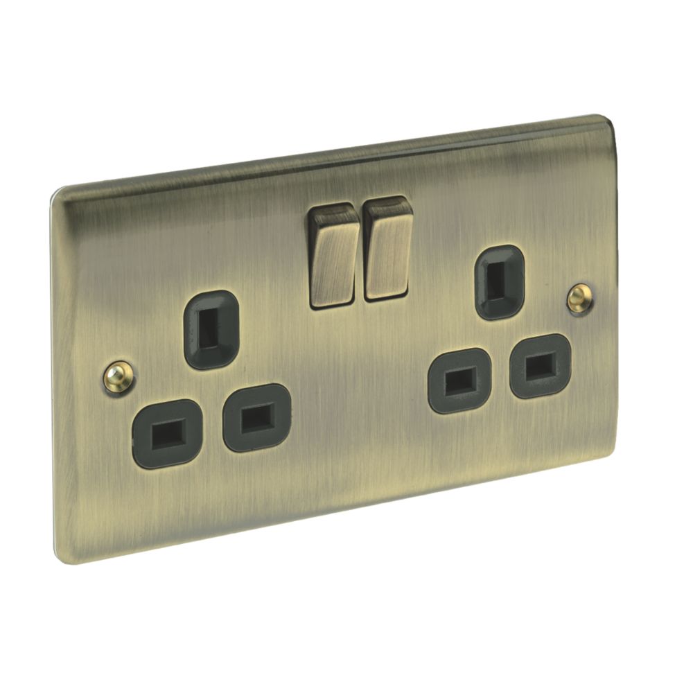 British General Nexus Metal 13A 2-Gang DP Switched Plug Socket Antique Brass with Black Inserts