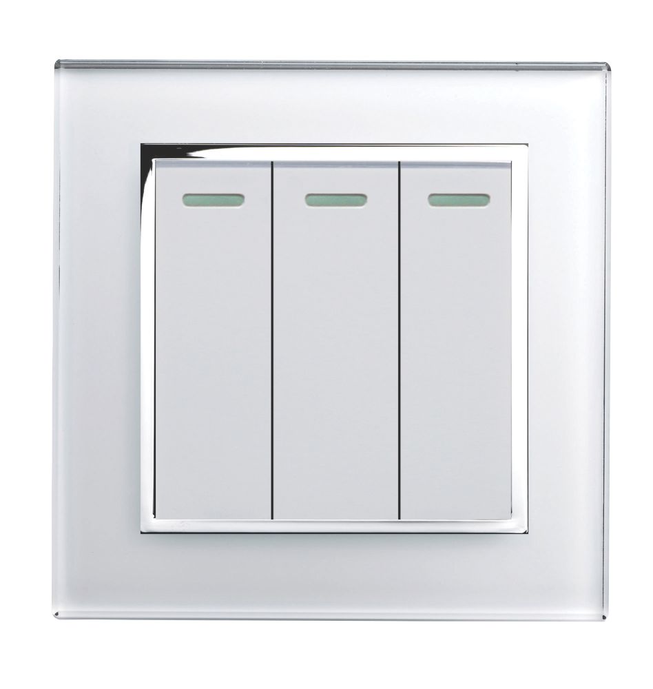 Retrotouch Crystal 10A 3-Gang 2-Way Light Switch White Glass