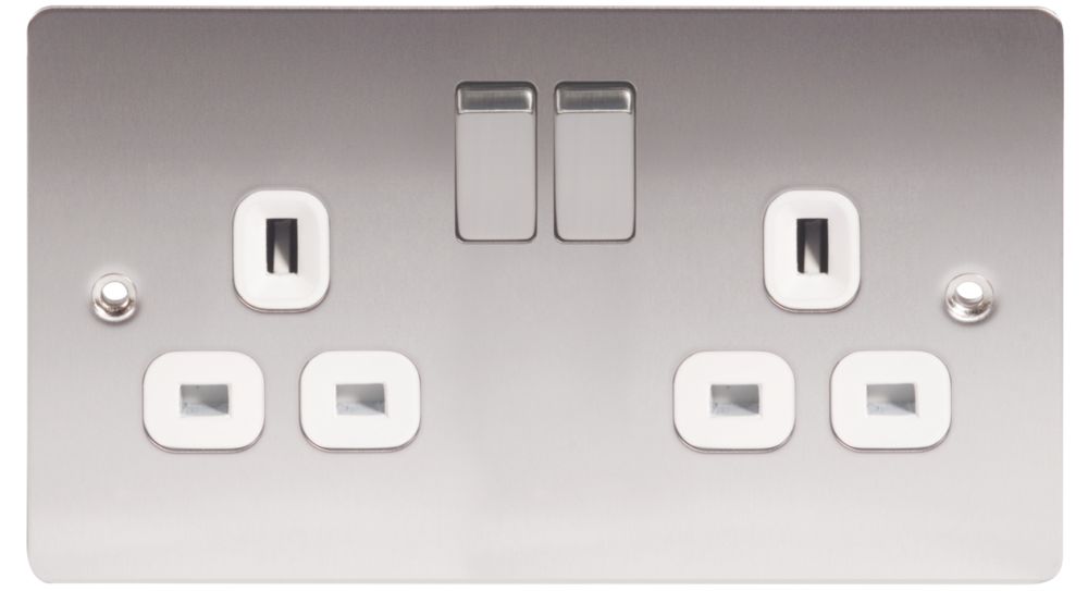 LAP 13A 2-Gang DP Switched Plug Socket Brushed Stainless Steel with White Inserts