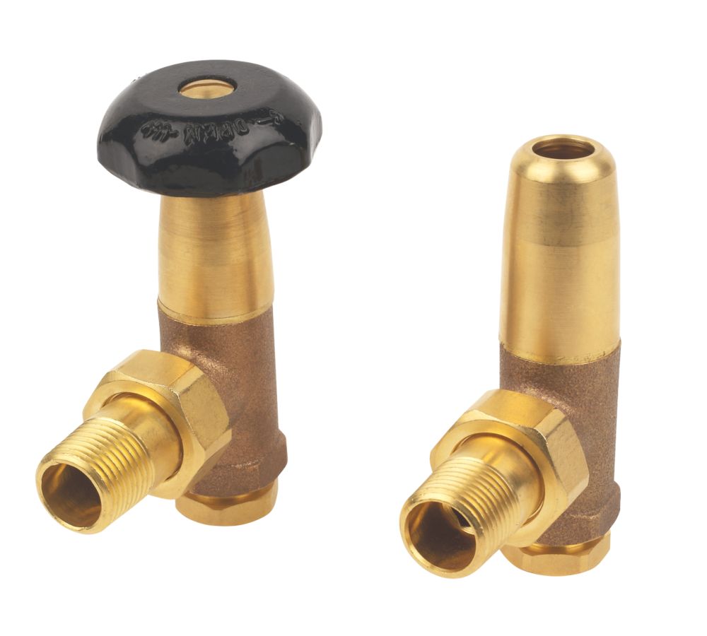 Brass Angled Radiator Valve & Lockshield 15mm x ½