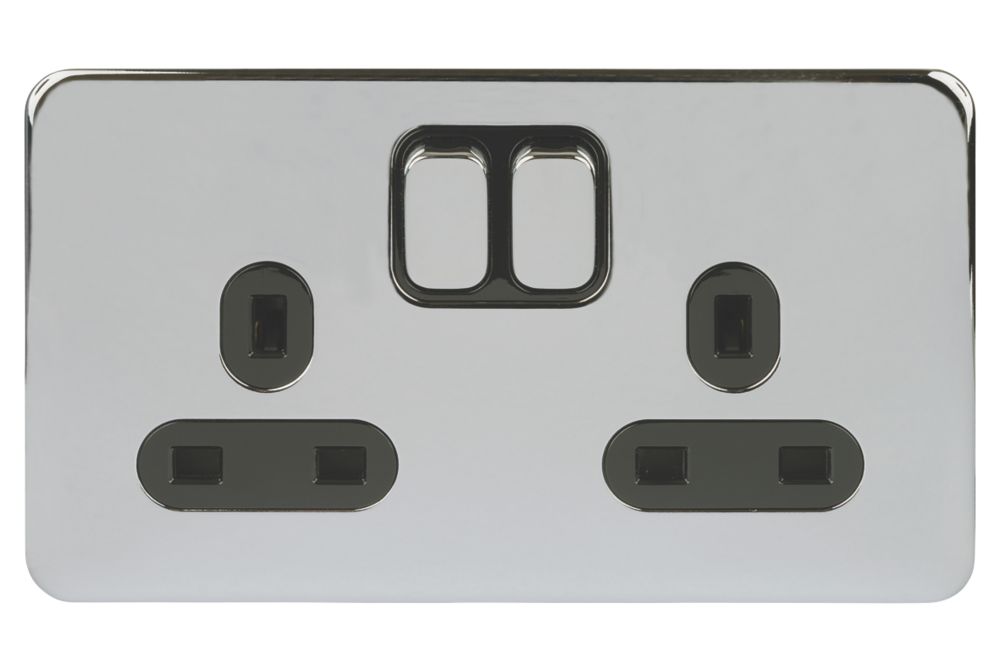 Schneider Electric Lisse Deco 13A 2-Gang SP Switched Plug Socket Polished Chrome with Black Inserts