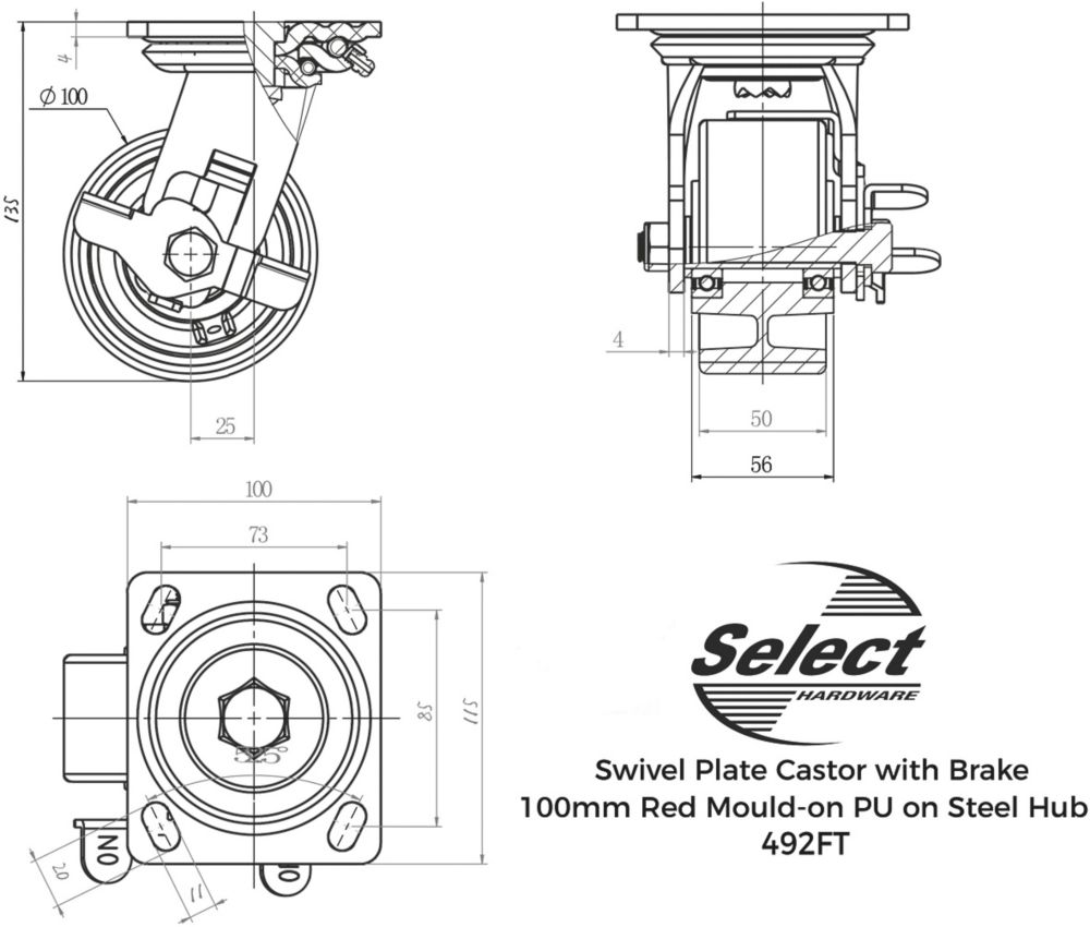 Select Heavy Duty Polypropylene Braked Swivel Castor 100mm