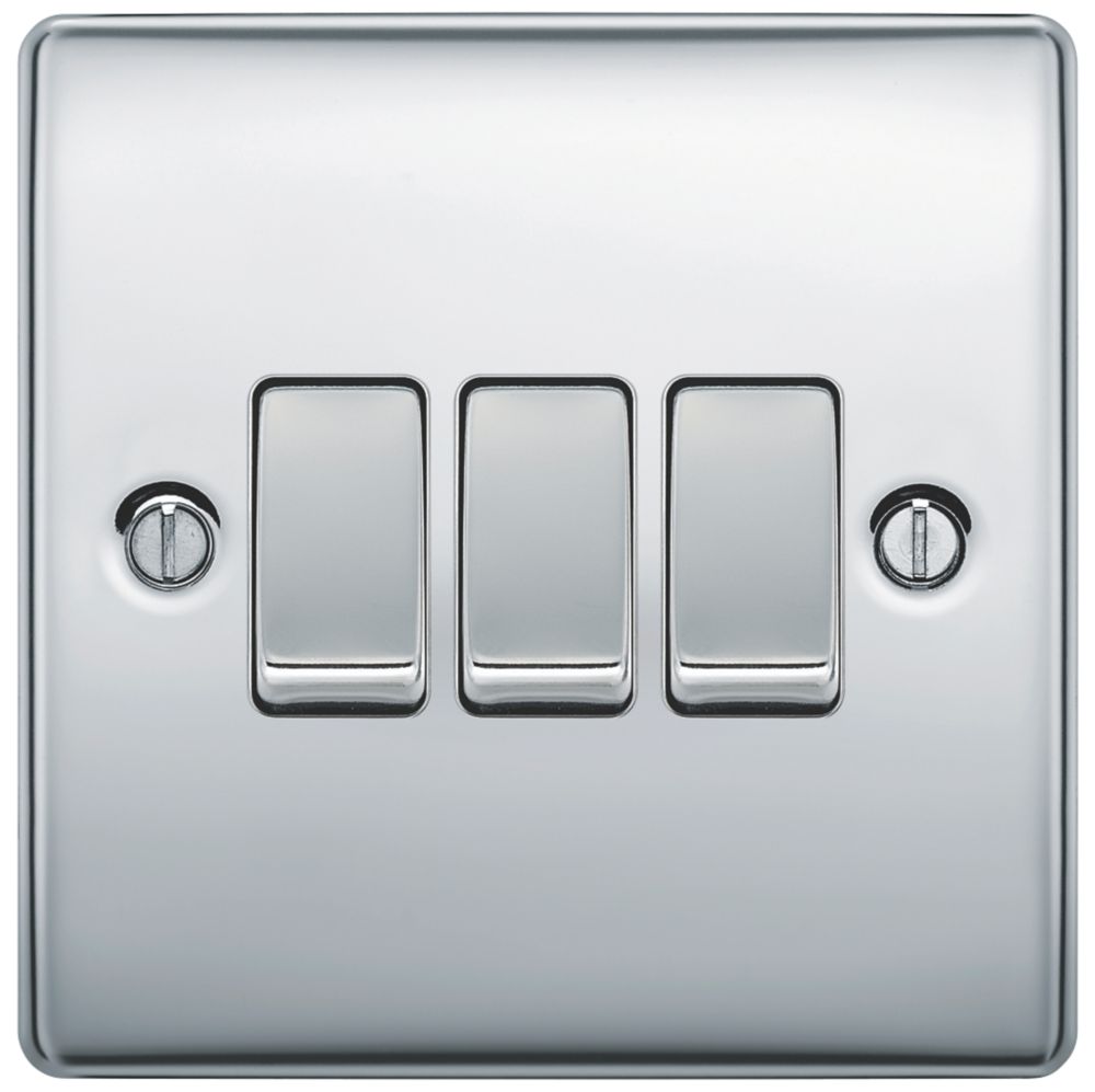 British General Nexus Metal 10AX 3-Gang 2-Way Light Switch Polished Chrome with Colour-Matched Inserts