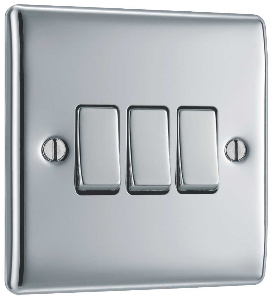 British General Nexus Metal 10AX 3-Gang 2-Way Light Switch Polished Chrome with Colour-Matched Inserts