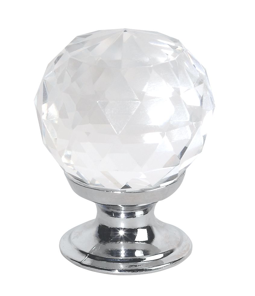 Modern Cabinet Knob Faceted Glass Polished Chrome 30mm 2 Pack