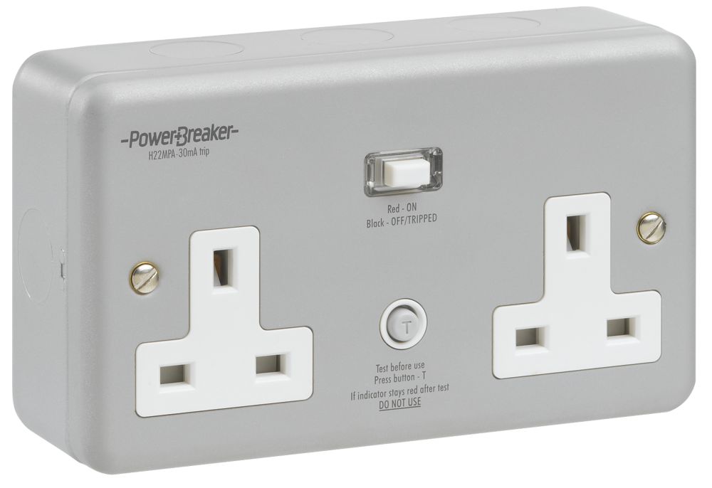 PowerBreaker 13A 2-Gang Unswitched Metal Clad Passive RCD Socket with Neon with White Inserts