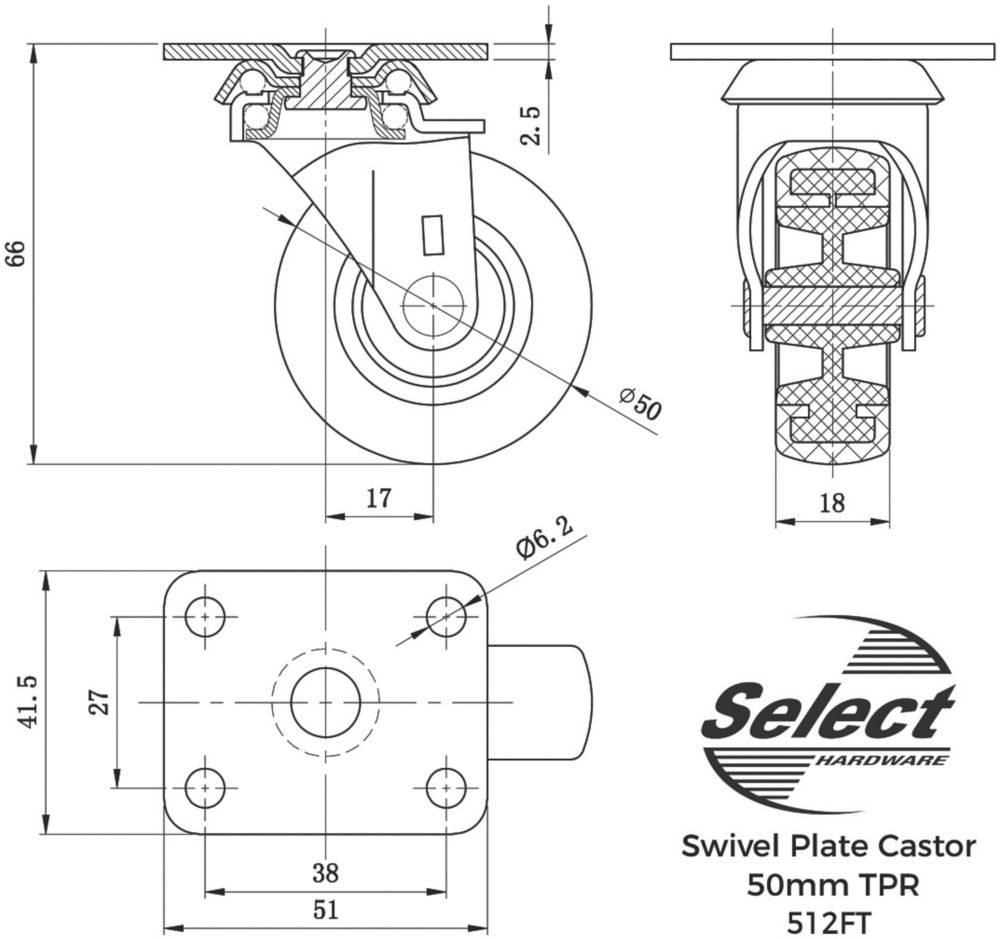 Select TPR Swivel Castor 50mm