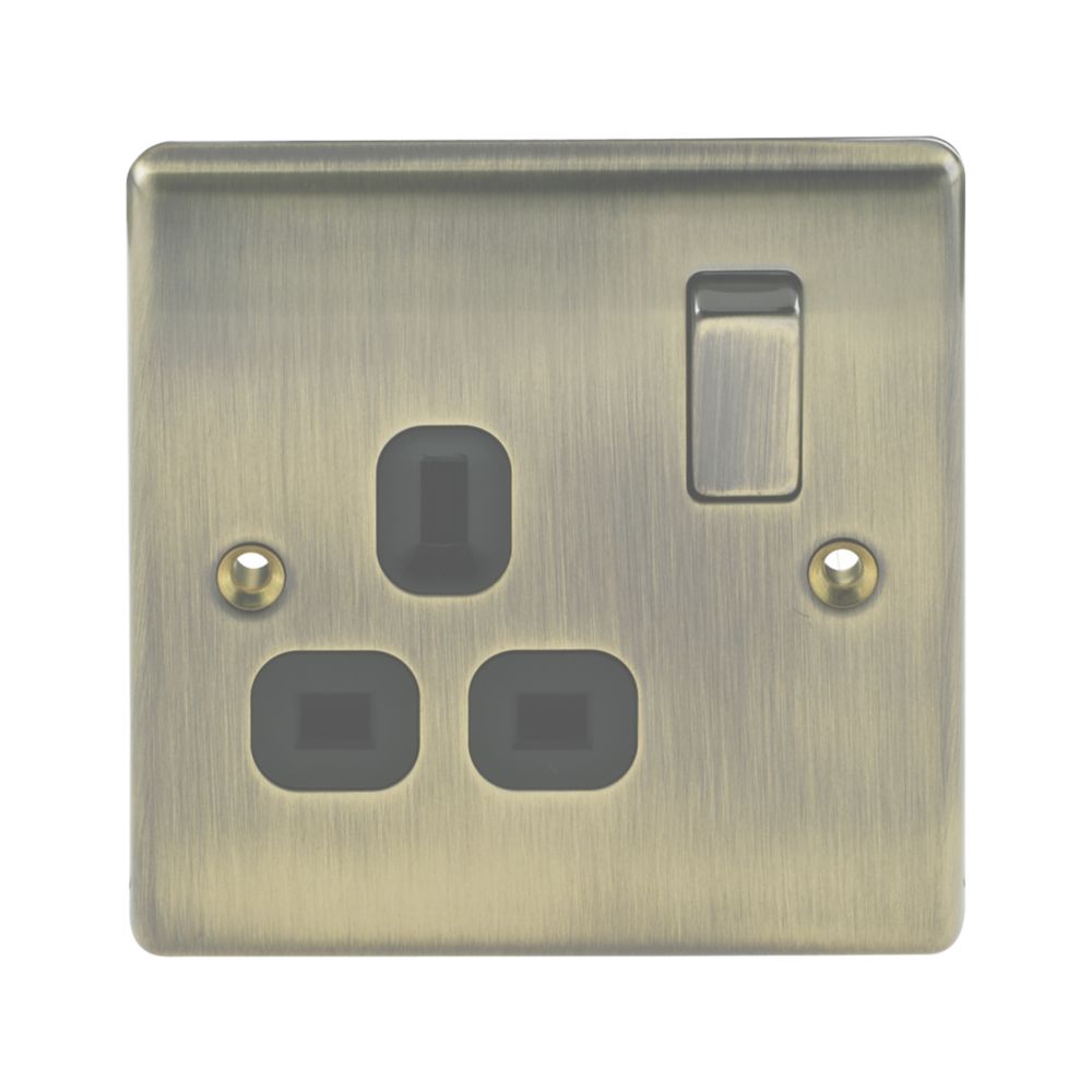 British General Nexus Metal 13A 1-Gang DP Switched Plug Socket Antique Brass with Black Inserts