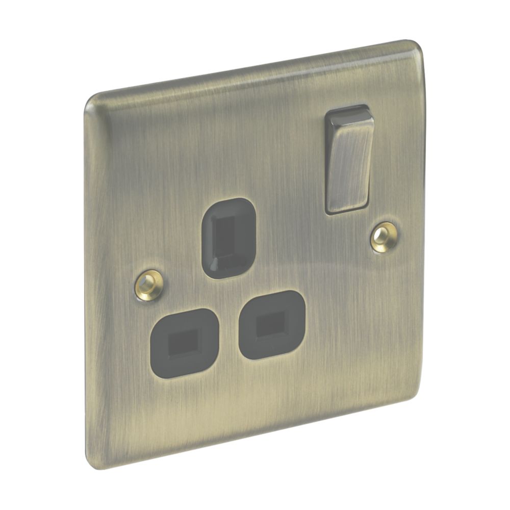 British General Nexus Metal 13A 1-Gang DP Switched Plug Socket Antique Brass with Black Inserts