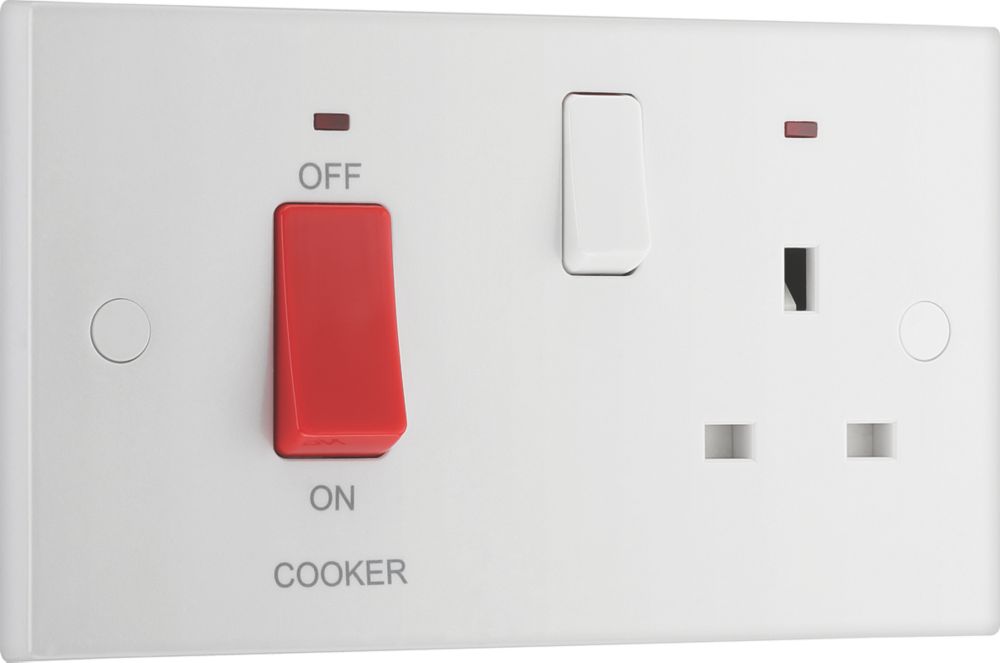 British General 900 Series 45A 2-Gang DP Cooker Switch & 13A DP Switched Socket White with Neon with White Inserts