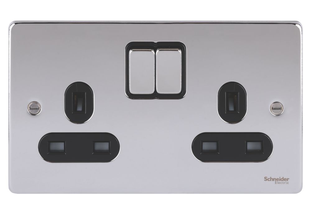 Schneider Electric Ultimate Low Profile 13A 2-Gang SP Switched Plug Socket Polished Chrome with Black Inserts