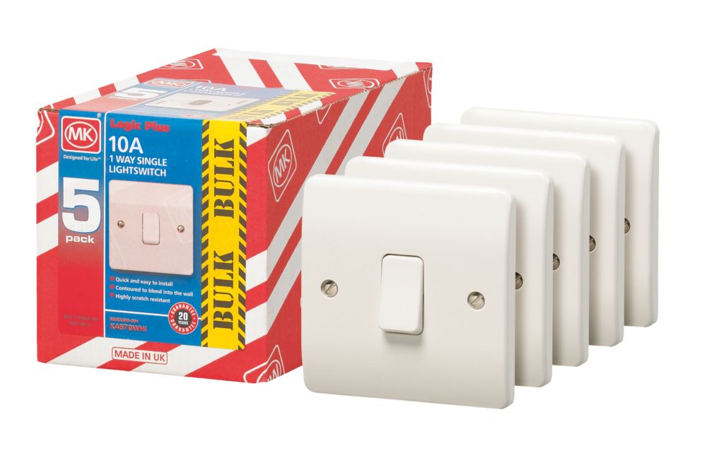 MK Logic Plus 10AX 1-Gang 1-Way Light Switch White 5 Pack