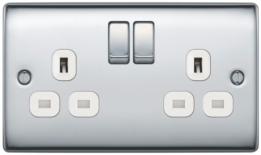 British General Nexus Metal 13A 2-Gang DP Switched Plug Socket Polished Chrome with White Inserts