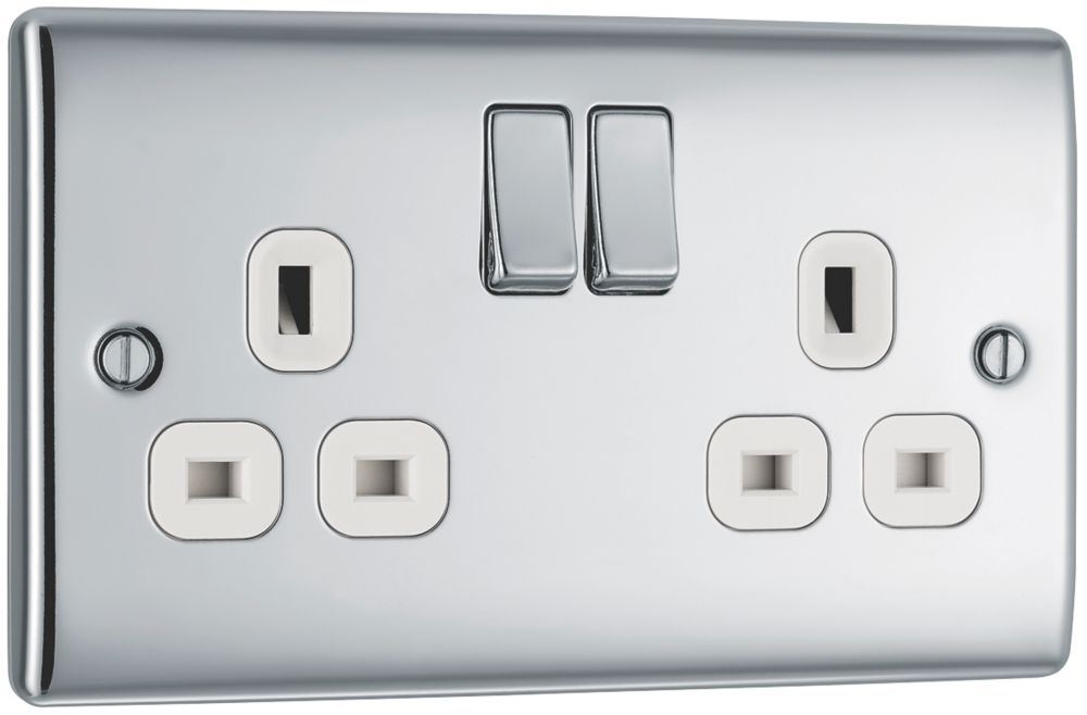 British General Nexus Metal 13A 2-Gang DP Switched Plug Socket Polished Chrome with White Inserts