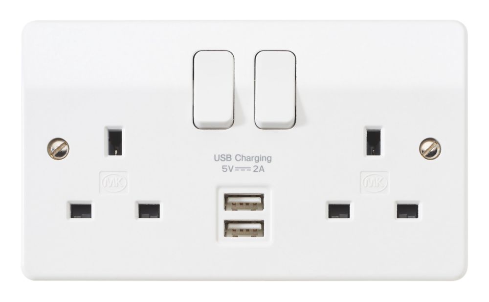 MK Logic Plus 13A 2-Gang DP Switched Socket + 2A 2-Outlet USB Charger White