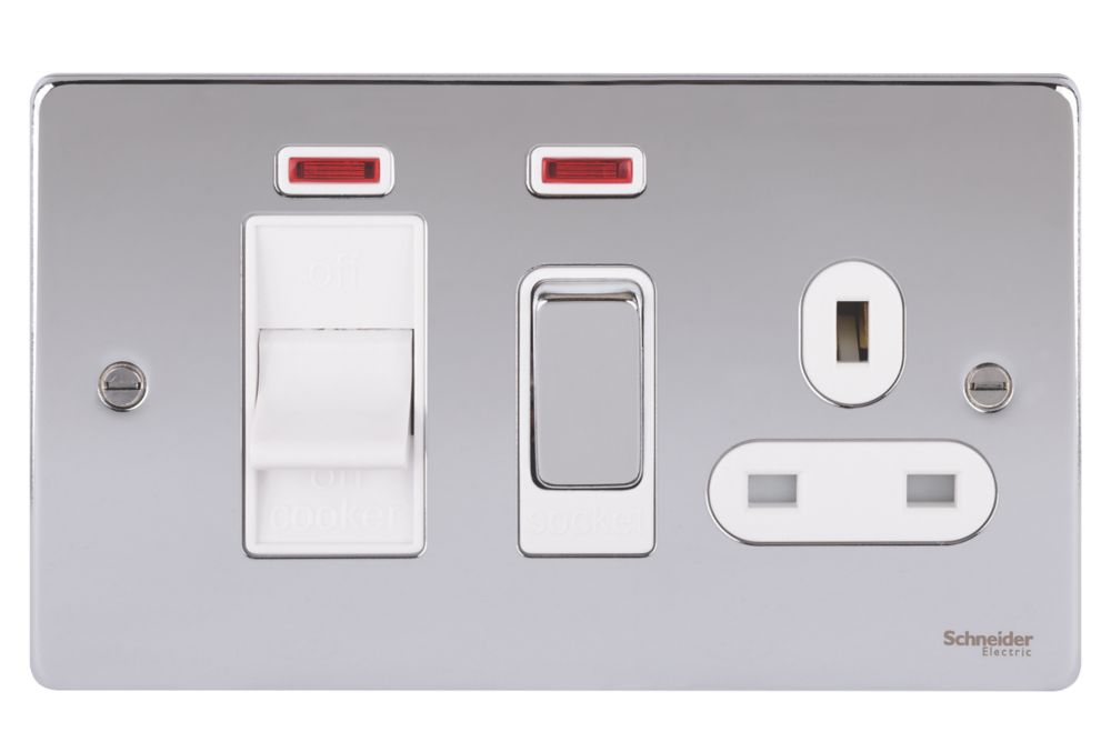 Schneider Electric Ultimate Low Profile 45A 2-Gang DP Cooker Switch & 13A DP Switched Socket Polished Chrome with Neon with White Inserts