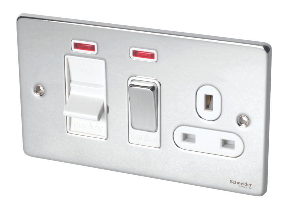 Schneider Electric Ultimate Low Profile 45A 2-Gang DP Cooker Switch & 13A DP Switched Socket Polished Chrome with Neon with White Inserts Reviews