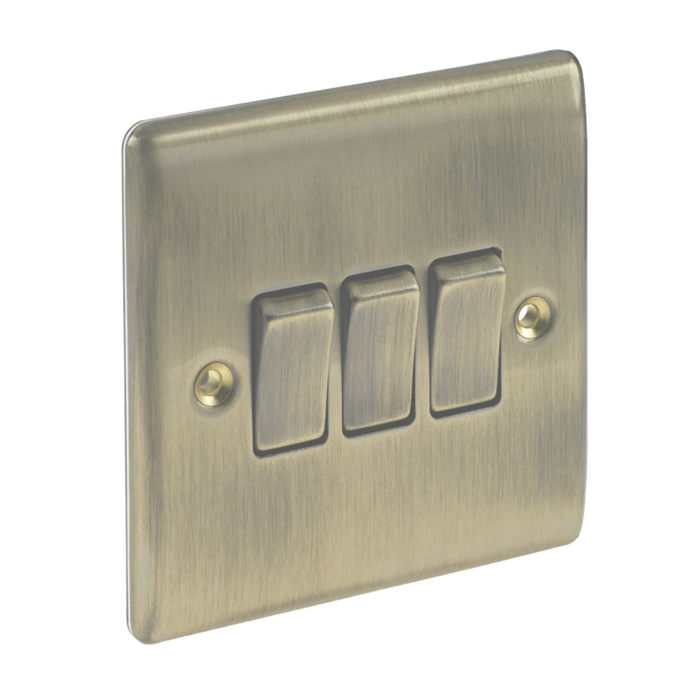 British General Nexus Metal 10AX 3-Gang 2-Way Light Switch Antique Brass with Colour-Matched Inserts