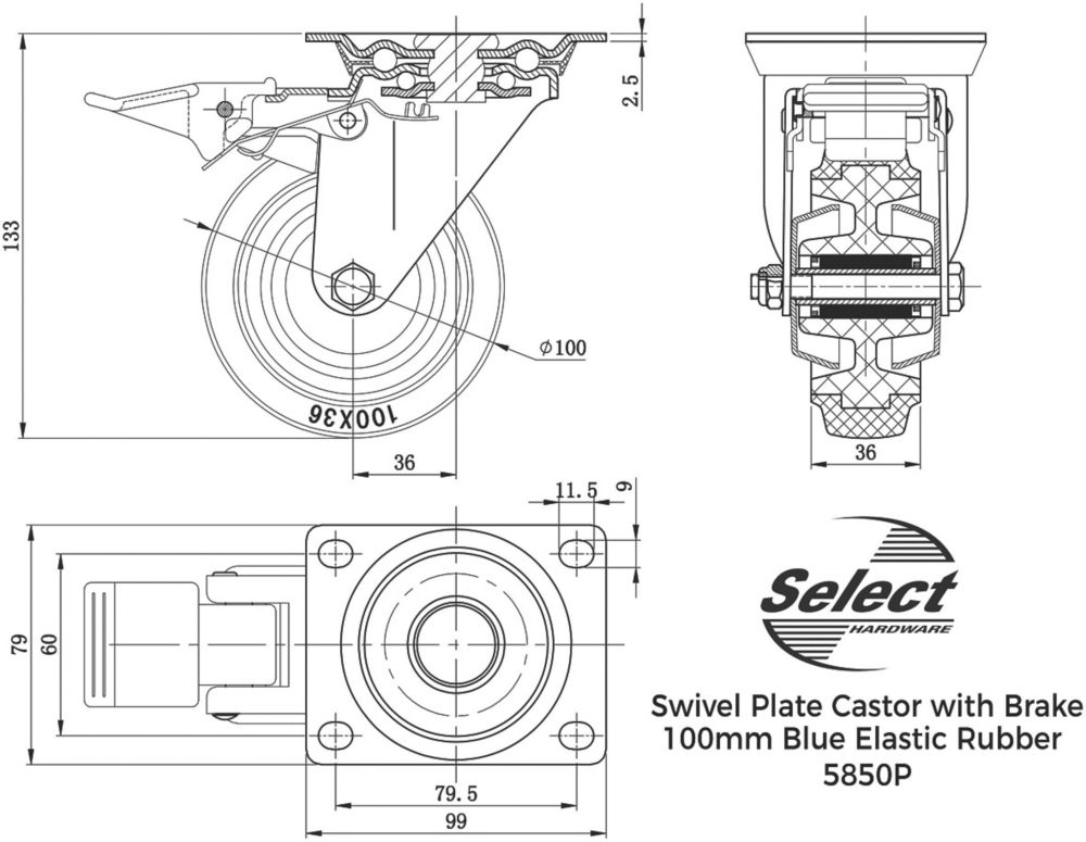 Select Heavy Duty Braked Swivel Castor 100mm