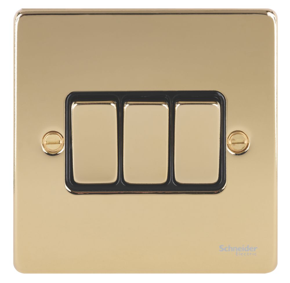 Schneider Electric Ultimate Low Profile 16AX 3-Gang 2-Way Light Switch Polished Brass with Black Inserts