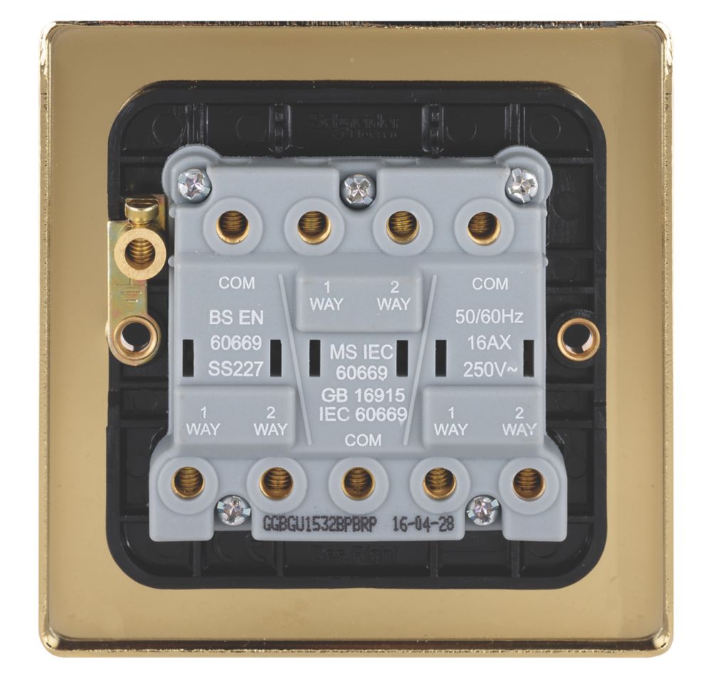 Schneider Electric Ultimate Low Profile 16AX 3-Gang 2-Way Light Switch Polished Brass with Black Inserts