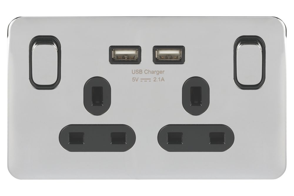 Schneider Electric Lisse Deco 13A 2-Gang SP Switched Socket + 2.1A 2-Outlet USB Charger Polished Chrome with Black Inserts