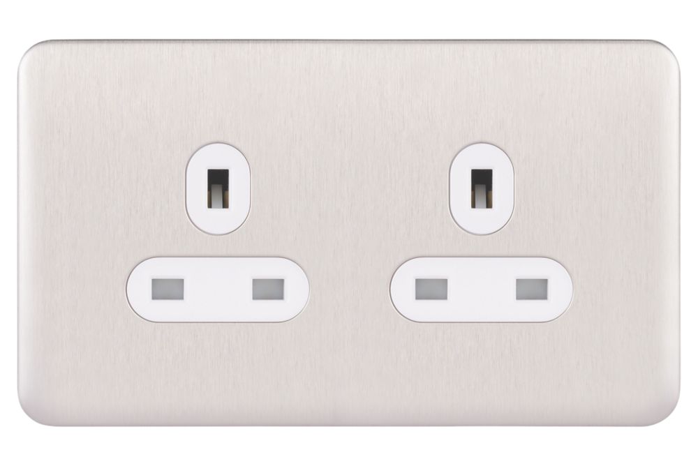 Schneider Electric Lisse Deco 13A 2-Gang Unswitched Plug Socket Brushed Stainless Steel with White Inserts