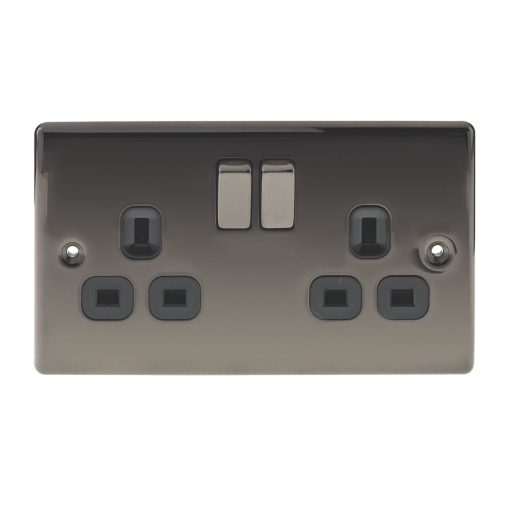 British General Nexus Metal 13A 2-Gang DP Switched Plug Socket Black Nickel with Black Inserts