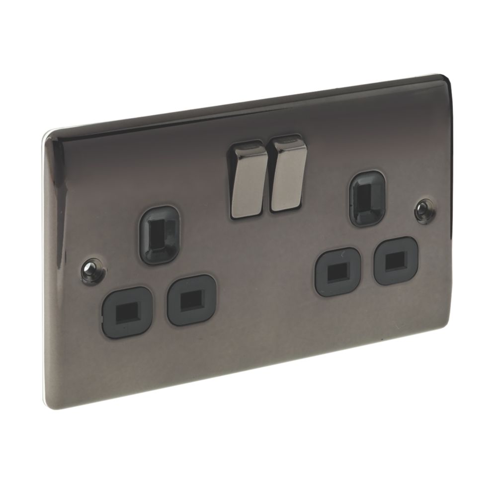 British General Nexus Metal 13A 2-Gang DP Switched Plug Socket Black Nickel with Black Inserts