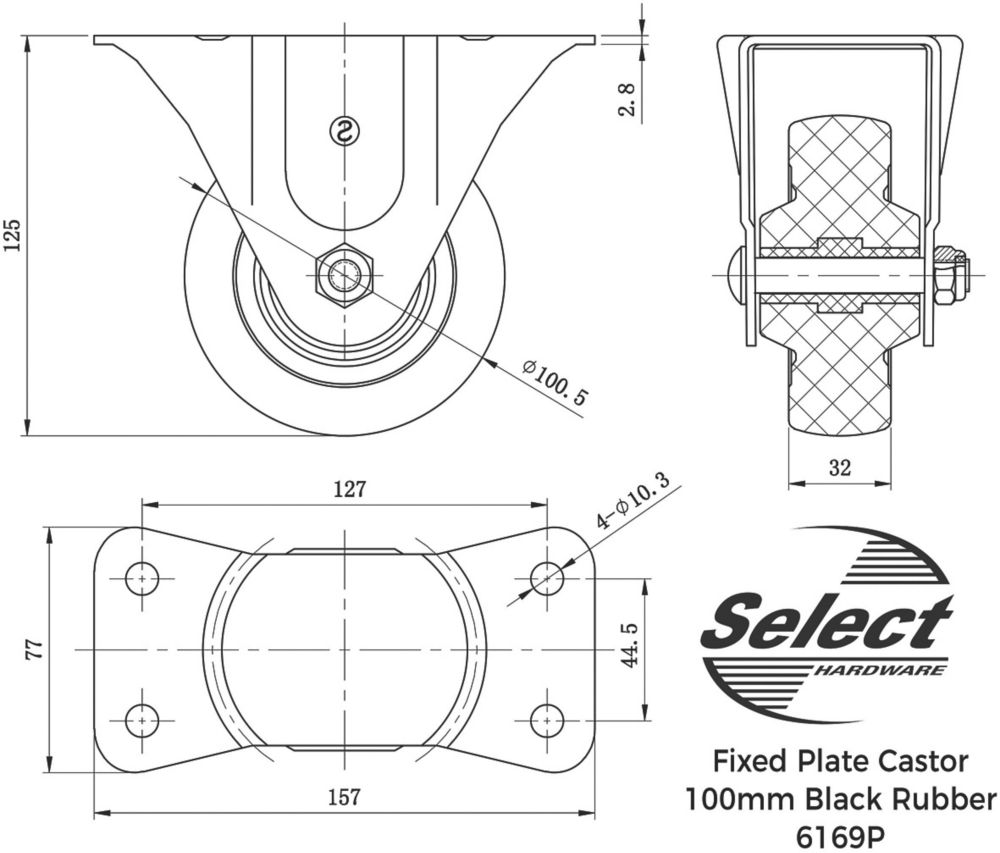 Select Heavy Duty Fixed Rubber Castor 101mm