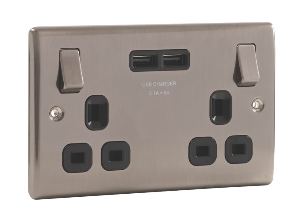 British General Nexus Metal 13A 2-Gang SP Switched Socket + 3.1A 2-Outlet USB Charger Brushed Iridium with Black Inserts