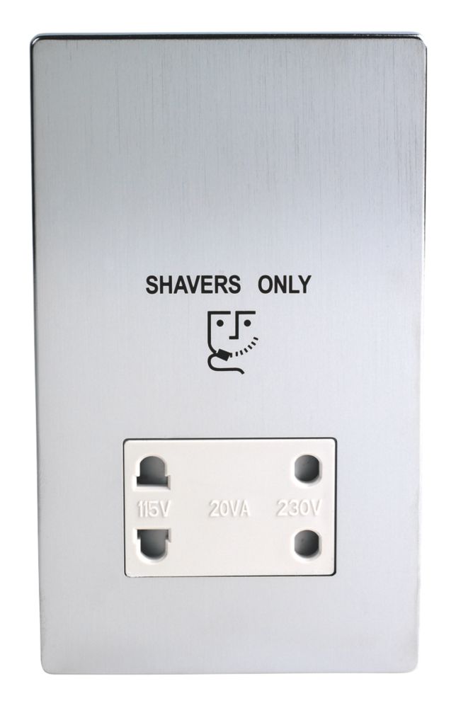 LAP 2-Gang Dual Voltage Shaver Socket 115 / 230V Brushed Chrome with White Inserts