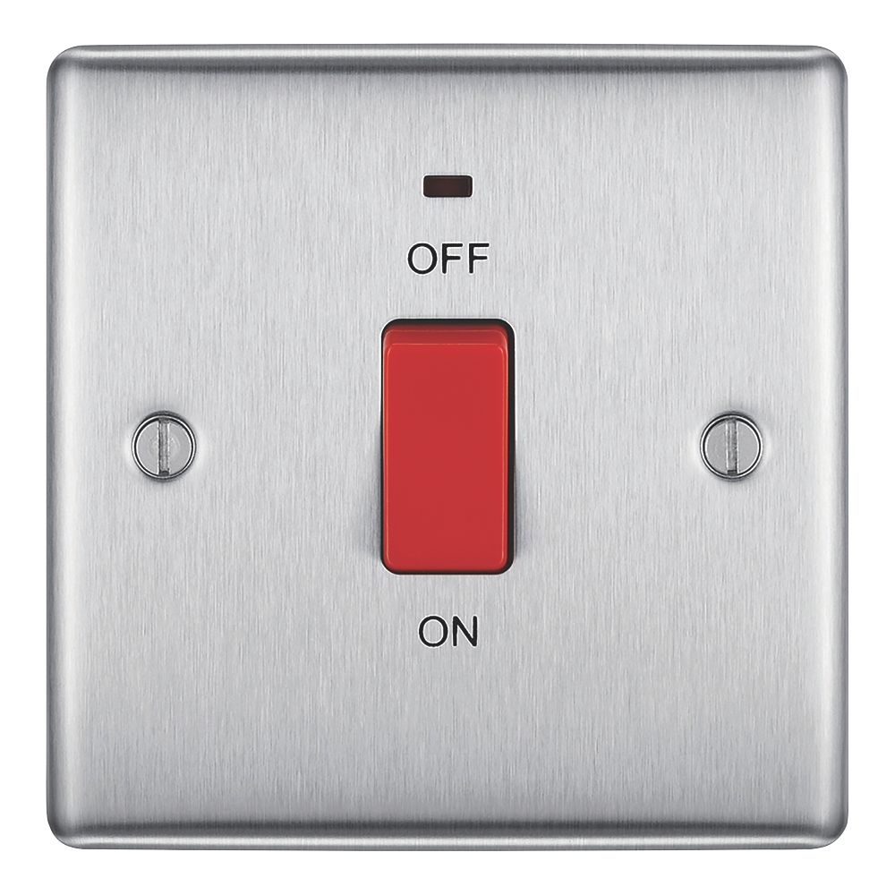 British General Nexus Metal 45A 1-Gang DP Cooker Switch Brushed Steel with LED with Colour-Matched Inserts