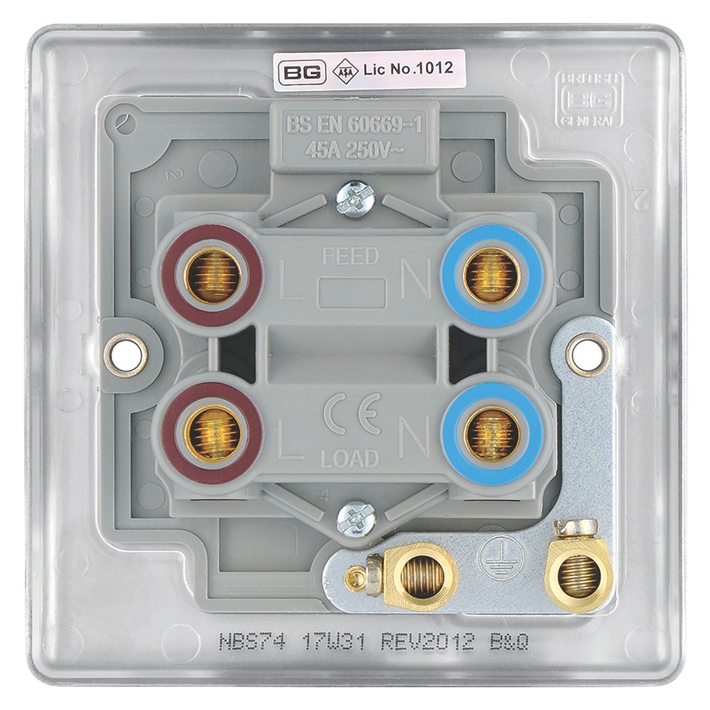 British General Nexus Metal 45A 1-Gang DP Cooker Switch Brushed Steel with LED with Colour-Matched Inserts