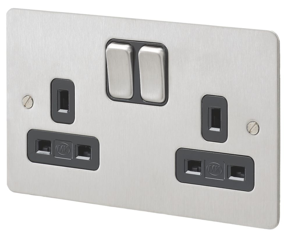 Mk Edge 13a 2 Gang Dp Switched Plug Socket Brushed Stainless Steel With Black Inserts Sockets Screwfix Com