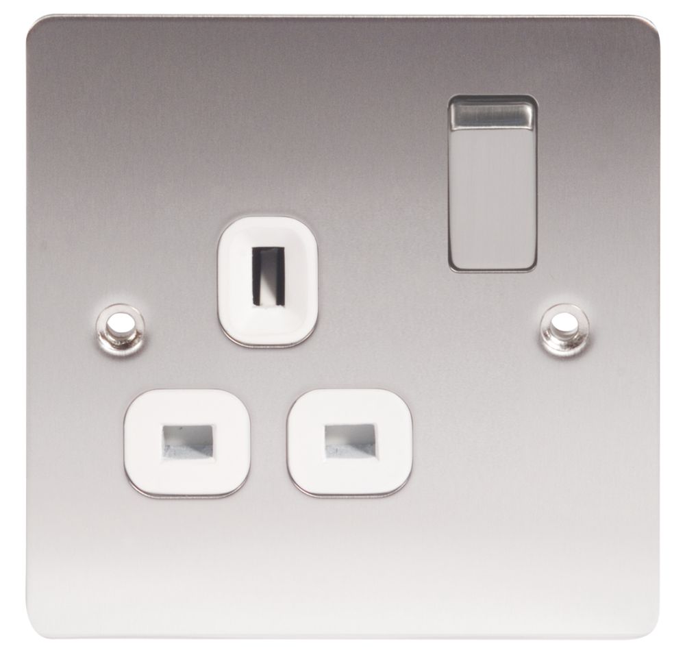 LAP 13A 1-Gang DP Switched Plug Socket Brushed Stainless Steel with White Inserts