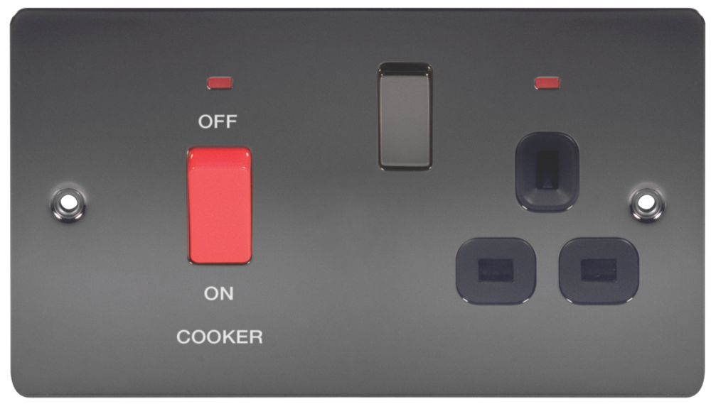 LAP 45A 2-Gang DP Cooker Switch & 13A DP Switched Socket Black Nickel with LED with Black Inserts