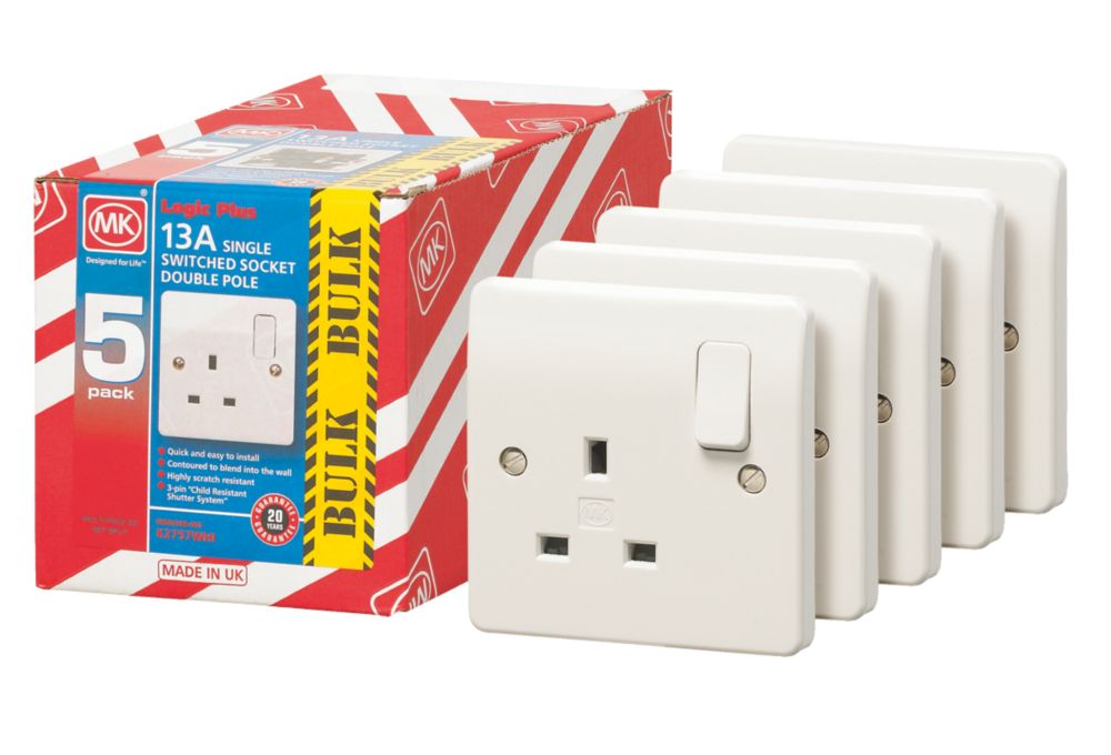 MK Logic Plus 13A 1-Gang DP Switched Plug Socket White 5 Pack