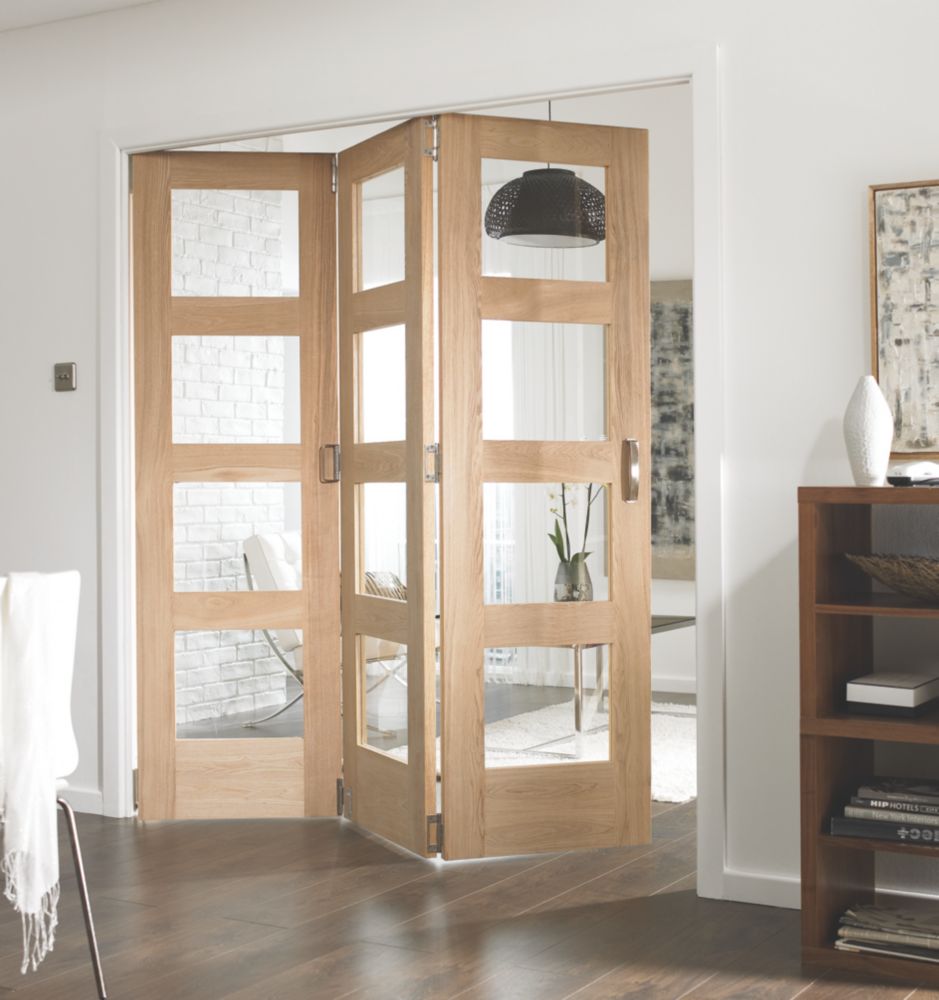 Jeld Wen 3 Door 12 Clear Light Unfinished Oak Veneer Wooden 4 Panel Shaker Internal Bi Fold Room Divider 1981 X 1830mm Doors Screwfix Com