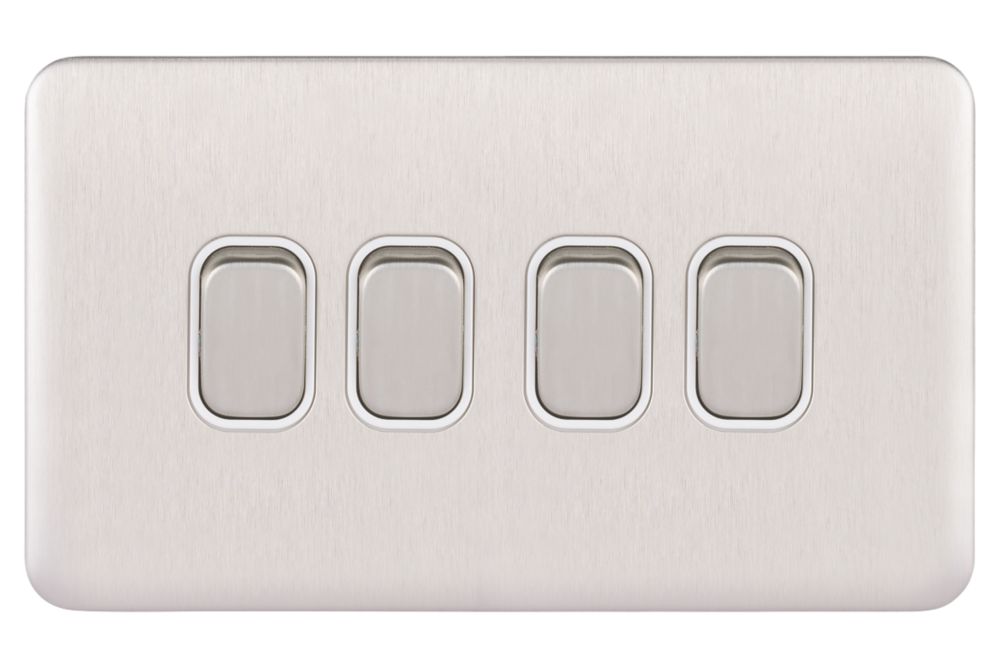 Schneider Electric Lisse Deco 10AX 4-Gang 2-Way Light Switch Brushed Stainless Steel with White Inserts