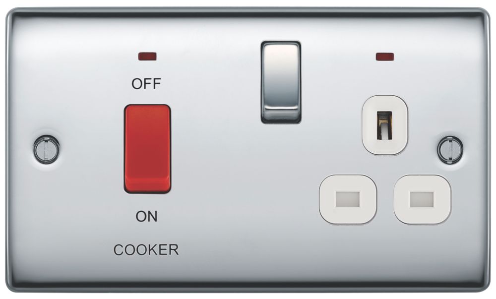 British General Nexus Metal 45A 2-Gang DP Cooker Switch Polished Chrome with LED with White Inserts