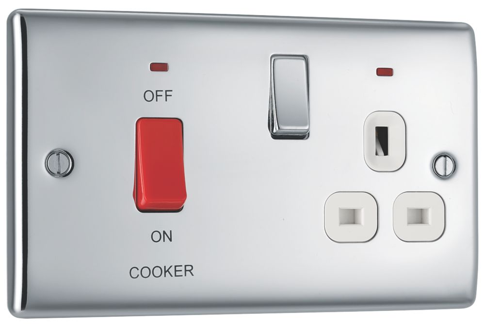 British General Nexus Metal 45A 2-Gang DP Cooker Switch Polished Chrome with LED with White Inserts