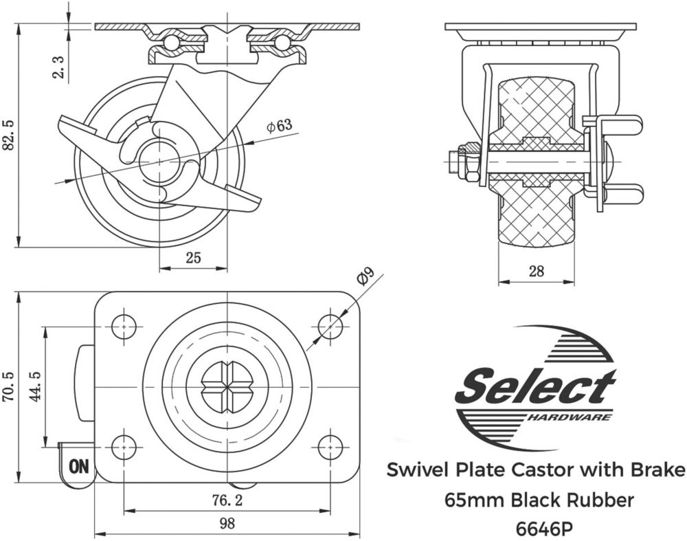 Select Heavy Duty Braked Swivel Castor 64mm